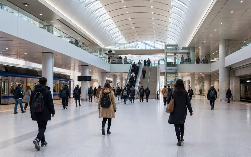 Atrio affollato di una stazione di trasporto ferroviario con passeggeri in transito e filtrazione dell’aria per ambienti pubblici interni