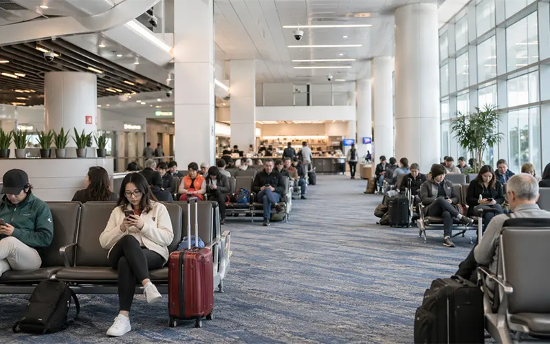 Area di attesa aeroportuale affollata con passeggeri seduti nelle lounge e nelle aree di attesa del terminal