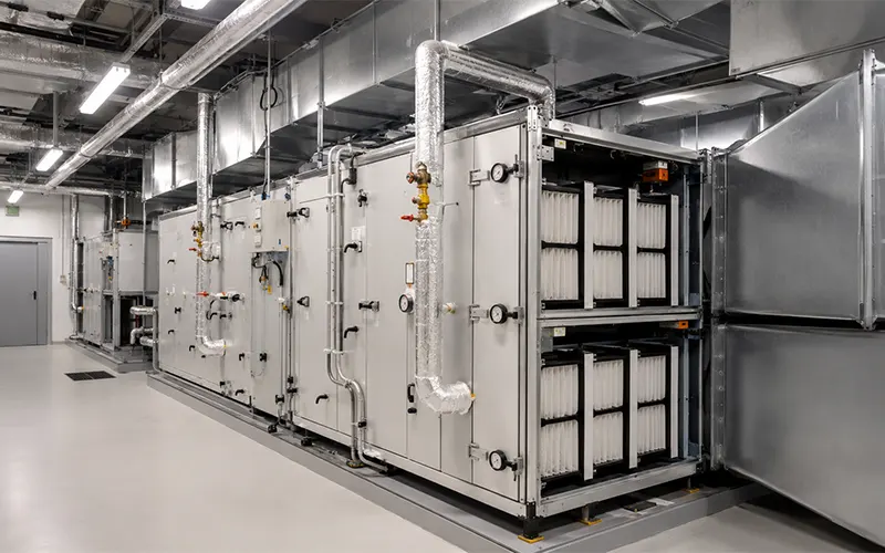 Area di manutenzione aeroportuale con apparecchiature HVAC e unità di trattamento aria