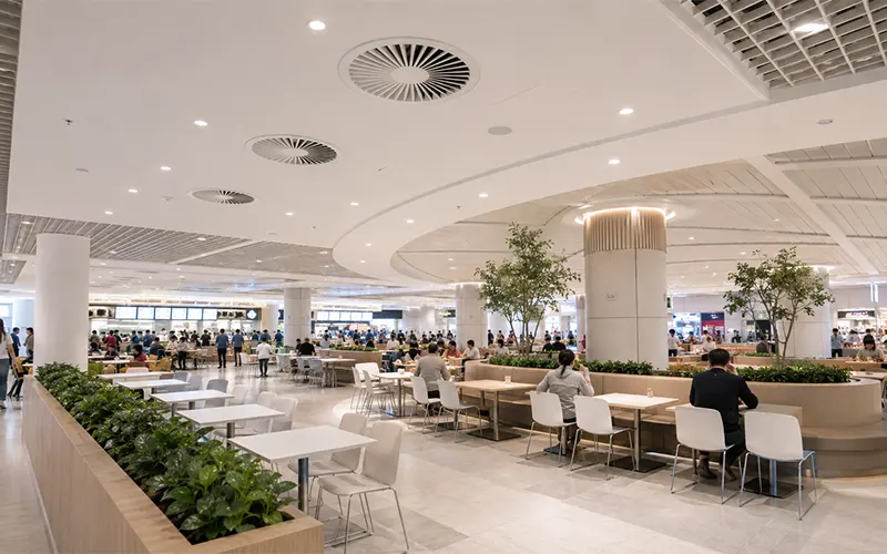 Area ristorazione in un centro commerciale moderno con sistemi HVAC per ventilazione e filtrazione dell’aria.