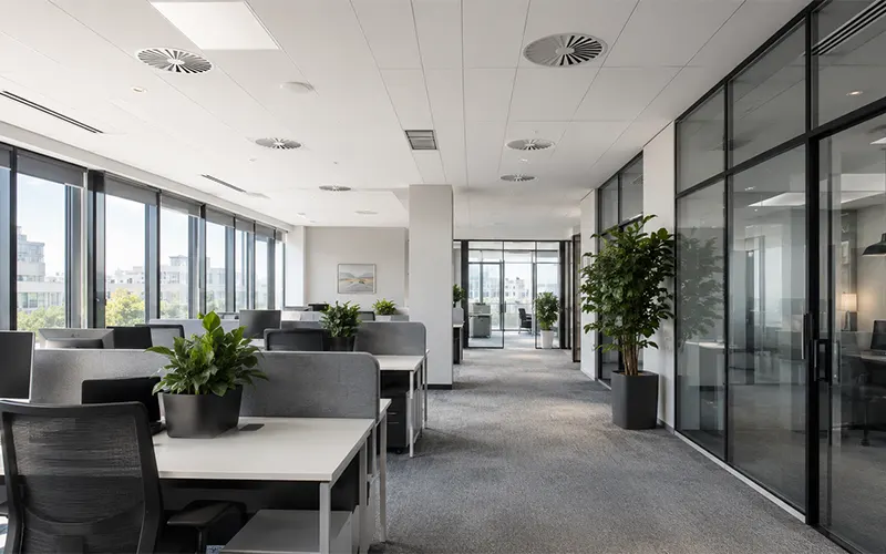Interno moderno di un edificio per uffici con sistemi HVAC e ventilazione a soffitto per la filtrazione dell’aria