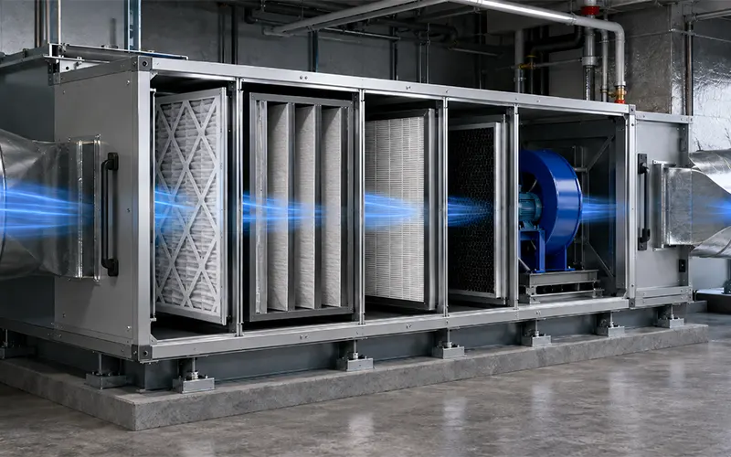 Unità HVAC con filtri dell’aria per la filtrazione dell’aria in un edificio per uffici