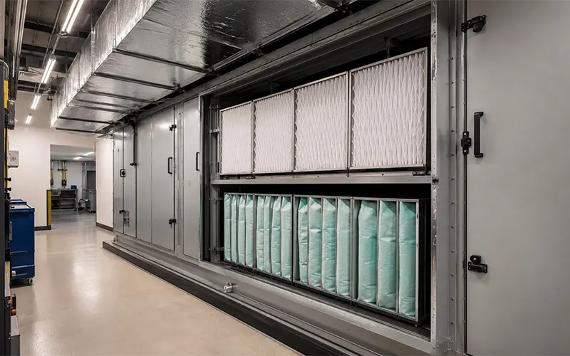 Filtri dell’aria HVAC installati in un sistema di ventilazione per lounge aeroportuali.