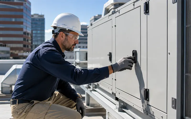Tecnico HVAC che ispeziona un’unità di trattamento aria per verificare le condizioni dei filtri e la perdita di carico.