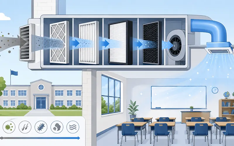Illustrazione di un sistema HVAC con filtrazione multistadio per scuole, con filtri dell’aria che supportano aule e spazi condivisi.