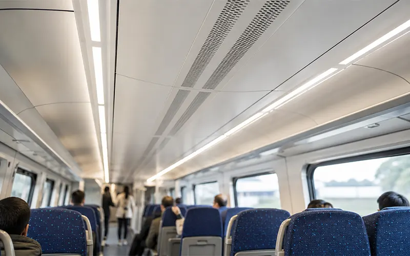Interno moderno di una carrozza ferroviaria con sistema di ventilazione HVAC e filtri per mantenere un flusso d’aria stabile.