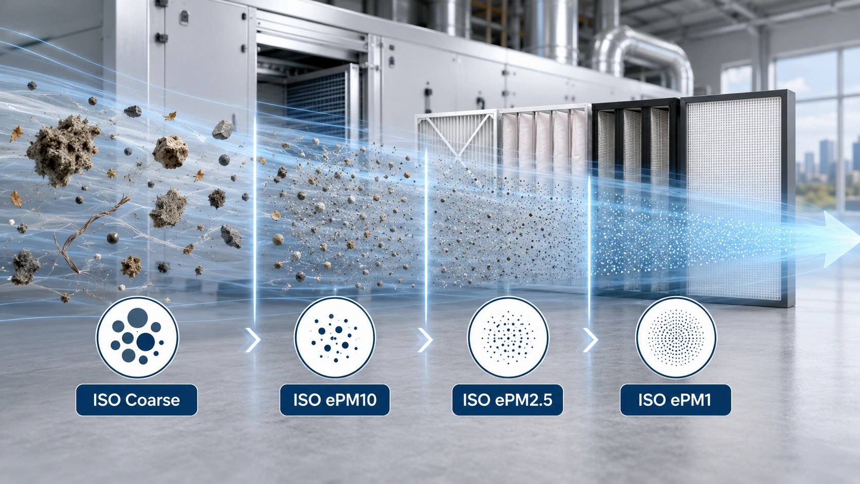 Classificazione ISO 16890 dei filtri dell’aria HVAC in base ai gruppi di particelle ISO Coarse, ISO ePM10, ISO ePM2.5 e ISO ePM1