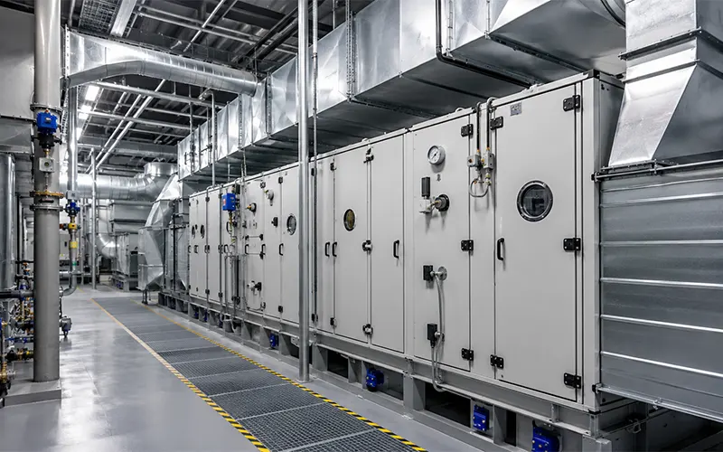 Locale tecnico HVAC commerciale con unità di trattamento aria e filtri dell’aria a bassa perdita di carico