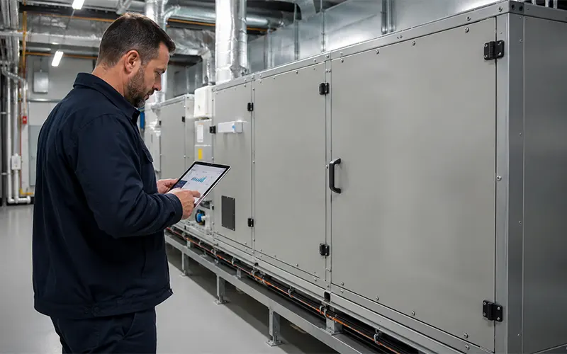 Facility manager che controlla i dati di manutenzione HVAC per pianificare la sostituzione dei filtri in base alla perdita di carico.