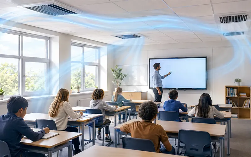 Aula scolastica moderna con sistema di filtrazione dell’aria e ventilazione a soffitto.