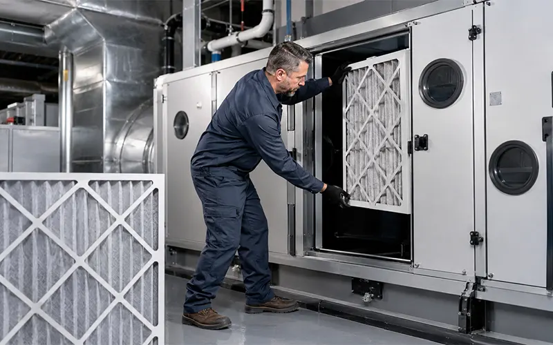 Tecnico della manutenzione che sostituisce grandi filtri dell’aria HVAC in un centro commerciale.