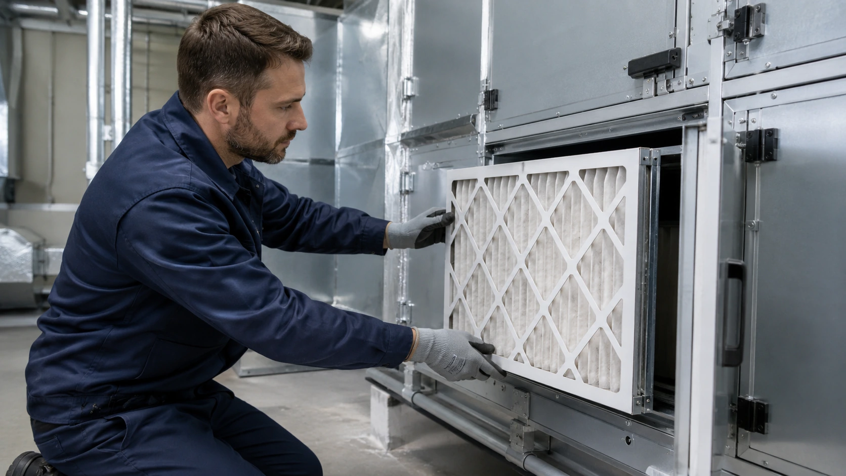 Tecnico che sostituisce un filtro dell’aria HVAC dopo il controllo del sistema, della perdita di carico e della portata d’aria
