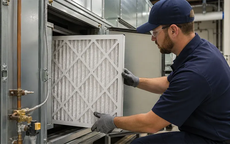 Tecnico di una struttura scolastica durante la sostituzione di un filtro HVAC pieghettato per la filtrazione dell’aria nelle scuole.
