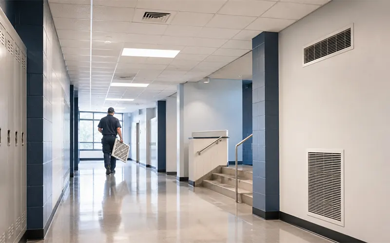 Sistema HVAC in scuola o edificio pubblico con ventilazione a soffitto
