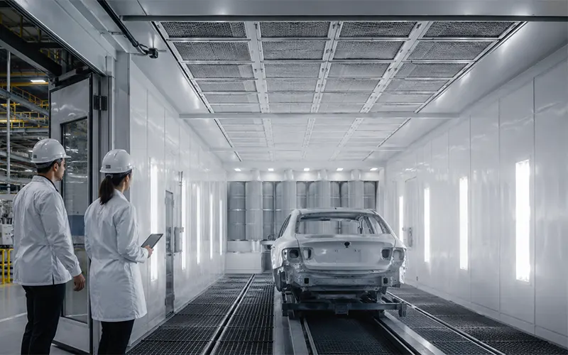 Cabina di verniciatura automobilistica moderna con filtri a soffitto per applicazioni di verniciatura a spruzzo.