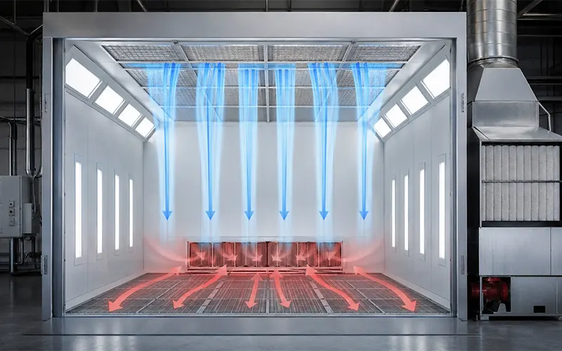 Schema del flusso d’aria in una cabina di verniciatura con filtrazione dell’aria in ingresso e dell’aria di estrazione.