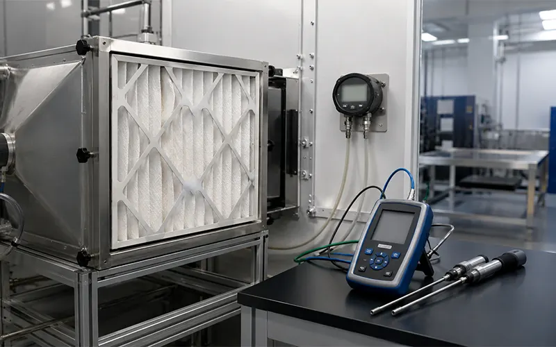 Configurazione di prova di un filtro dell’aria commerciale con strumenti per la misurazione della portata e della perdita di carico.