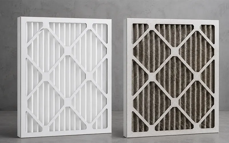 Confronto tra filtri dell’aria HVAC puliti e sporchi per illustrare l’effetto del caricamento di polvere sulla resistenza e sulla perdita di carico del filtro.