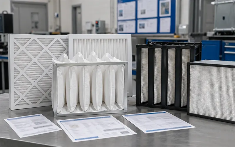 Diversi tipi di filtri dell’aria HVAC commerciali esposti con le relative schede tecniche.