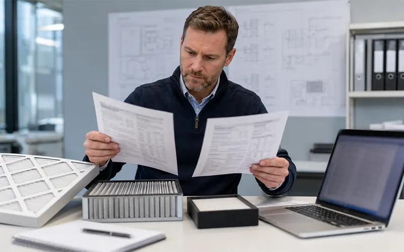 Facility manager che confronta le schede tecniche di due filtri HVAC.