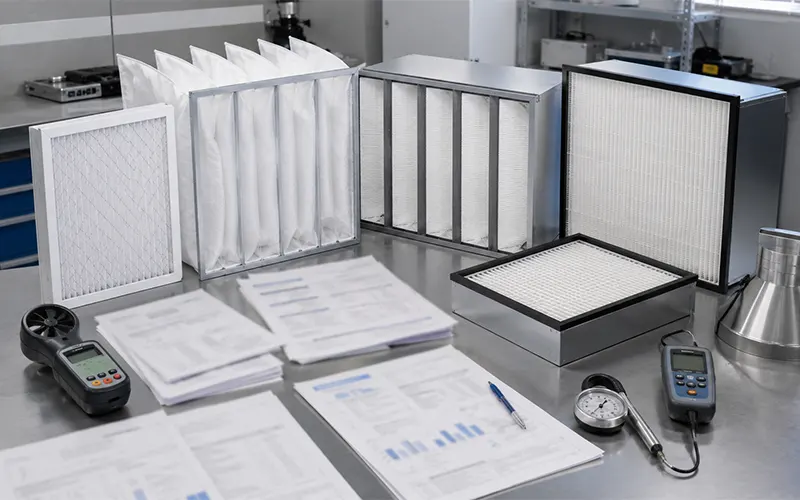 Filtri dell’aria HVAC con rapporti tecnici di prova e strumenti di misurazione.