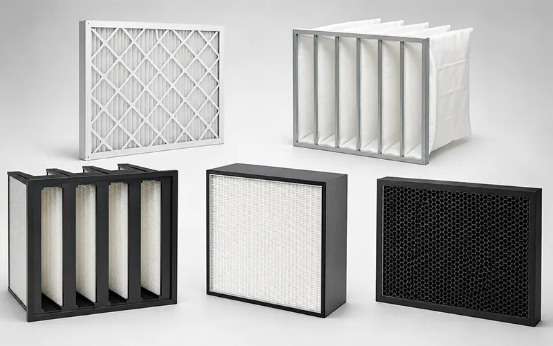 Filtri dell’aria industriali per sistemi di filtrazione multistadio, tra cui filtro a pannello, filtro a tasche, filtro compatto, filtro HEPA e filtro a carbone attivo.
