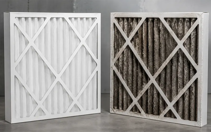 Filtro HVAC pieghettato pulito accanto a un filtro carico di polvere da sostituire