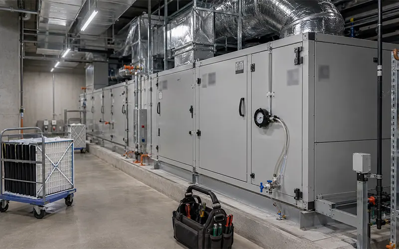 Locale tecnico di un impianto HVAC commerciale durante le attività di manutenzione