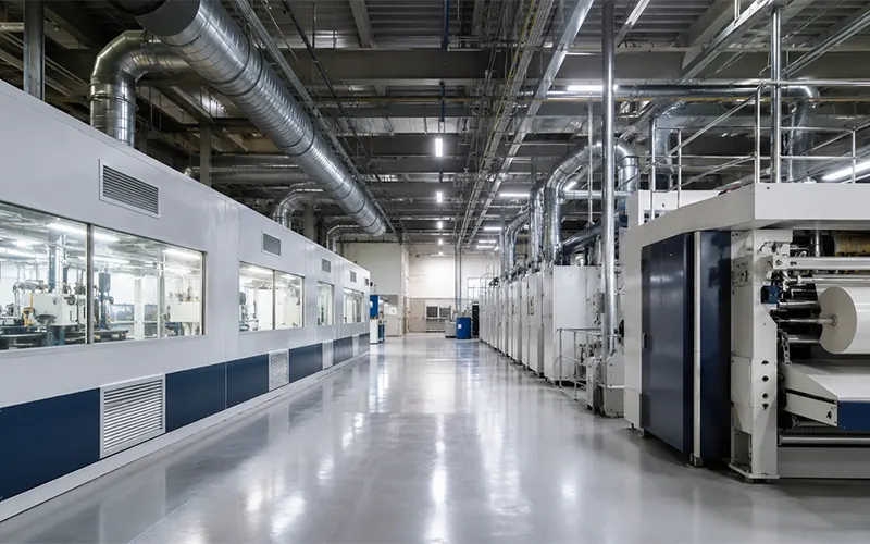 Corridoio di un impianto produttivo industriale con condotte di ventilazione e macchinari