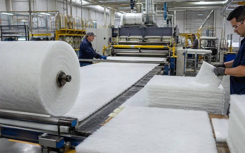Produzione e taglio di materiale filtrante paint arrestor in fibra di vetro per cabine di verniciatura.