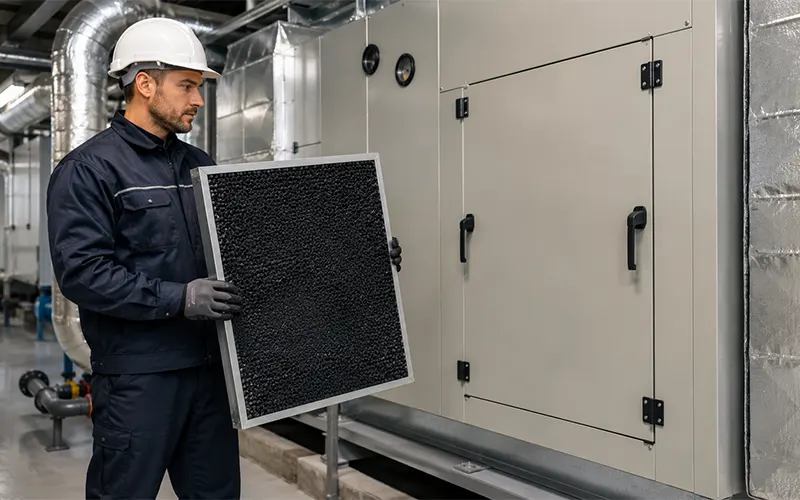 Tecnico con un filtro rigido a carbone attivo davanti a un’unità HVAC industriale