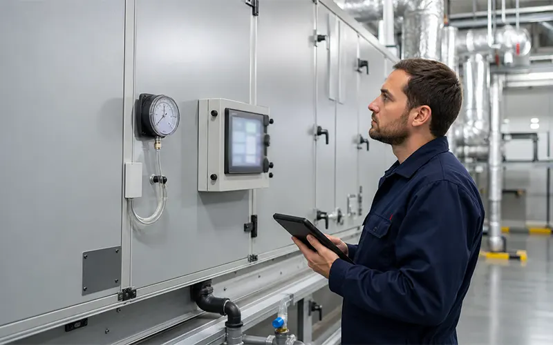 Tecnico che verifica la pressione differenziale per monitorare le condizioni del filtro HVAC