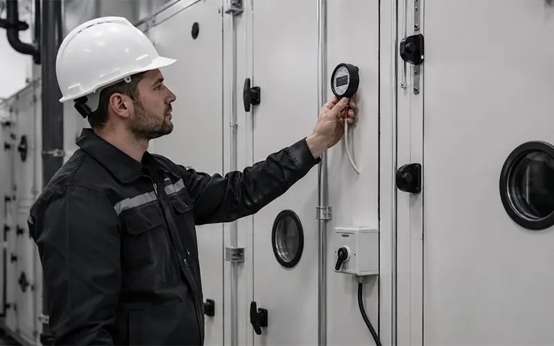 Tecnico HVAC che controlla un manometro di pressione differenziale in un sistema di filtrazione dell’aria multistadio.