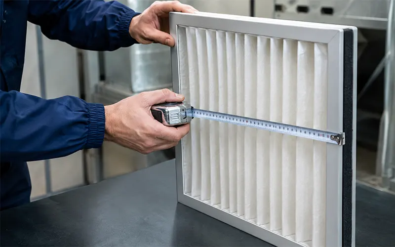 Tecnico che misura un filtro dell’aria HVAC pieghettato con un metro a nastro.