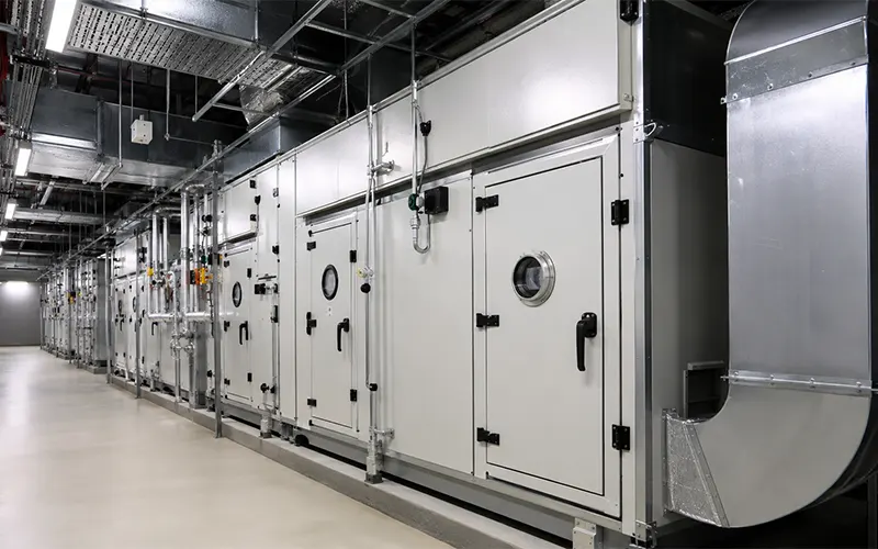 Unità di filtrazione dell’aria HVAC in un edificio commerciale, utilizzata per gestire portata d’aria, efficienza dei filtri e perdita di carico.