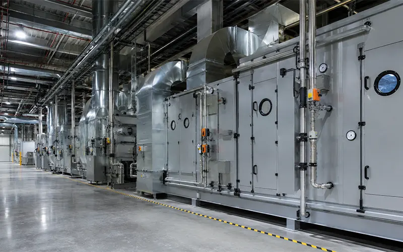 Area tecnica di un grande impianto produttivo con sistemi HVAC e di ventilazione industriale.