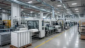Moderno stabilimento produttivo con catena di montaggio automatizzata e materiali su pallet