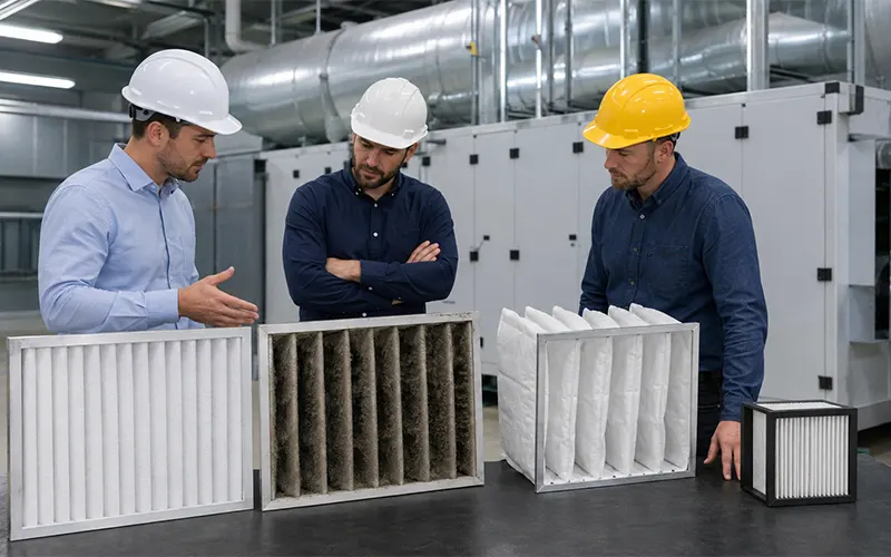 Tecnici HVAC confrontano filtri dell’aria puliti e carichi di polvere per valutarne la capacità di accumulo.