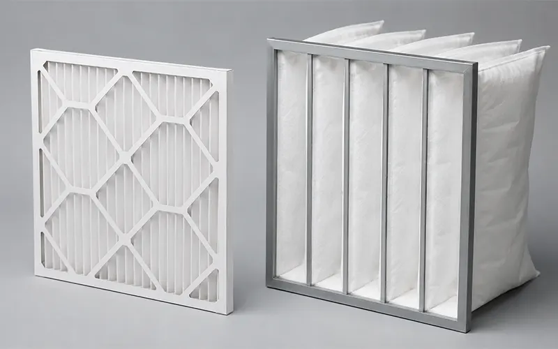 Due filtri HVAC con le stesse dimensioni frontali ma diversa profondità e superficie filtrante, a confronto per la velocità frontale del filtro.