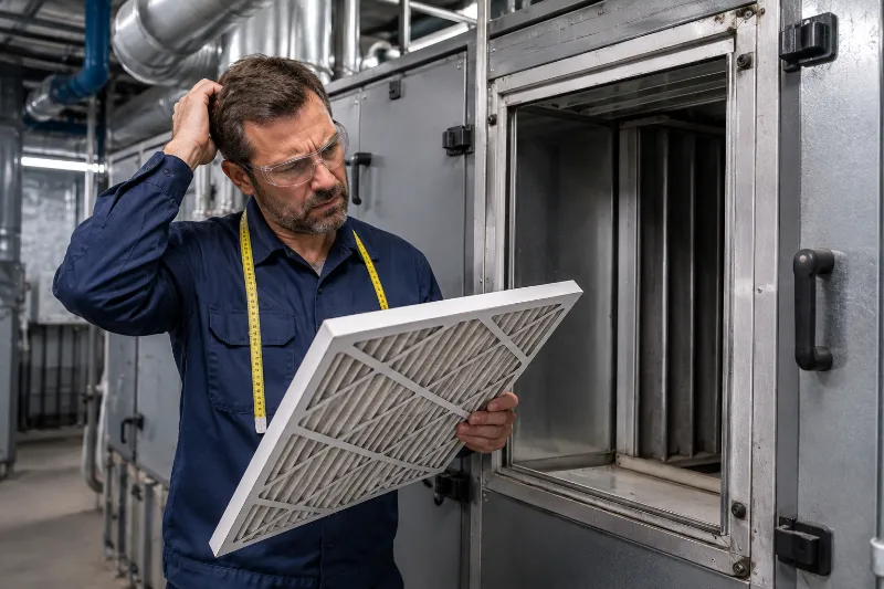 Tecnico verifica la compatibilità di un filtro dell’aria su misura con un sistema HVAC