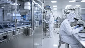 Ambiente di produzione farmaceutica e biotecnologica con operatori in area controllata