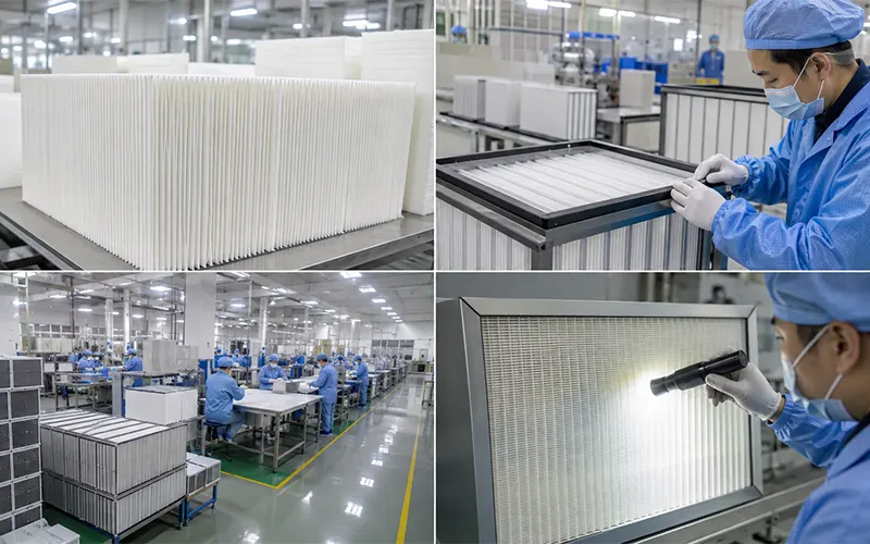 Produzione e controllo qualità di filtri HEPA mini-pleat nello stabilimento Clean-Link.