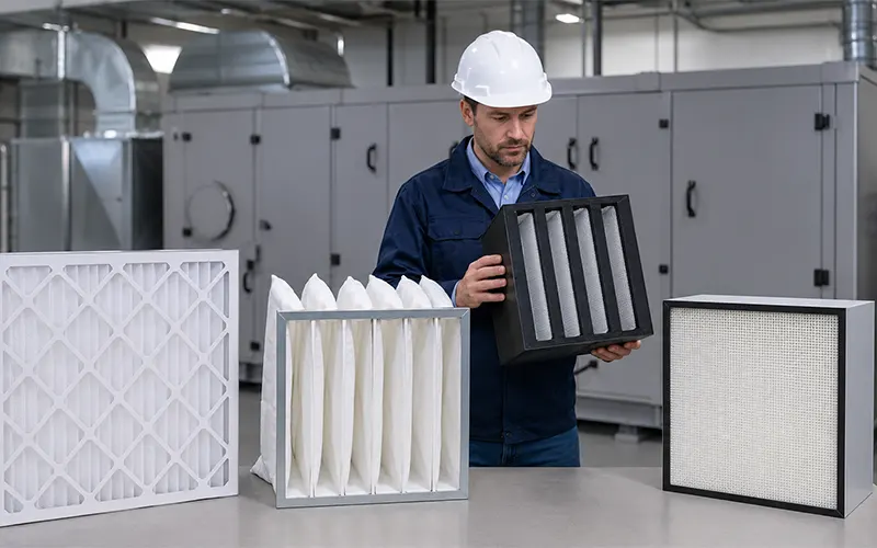 Tecnico di impianti durante la scelta di diversi filtri dell’aria per sistemi HVAC