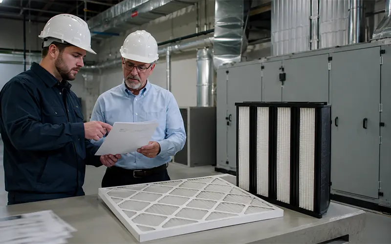Tecnici HVAC verificano i calcoli della portata d’aria e la selezione dei filtri per valutare la velocità frontale del filtro.