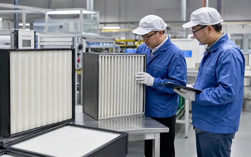 Tecnici Clean-Link ispezionano un filtro HEPA durante il controllo qualità in produzione.