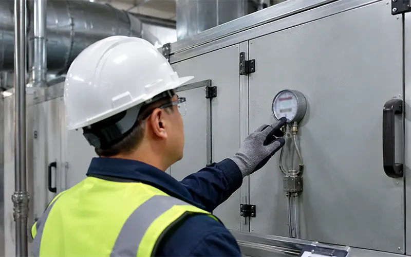Tecnico HVAC controlla un manometro di pressione differenziale per verificare la perdita di carico del filtro dell’aria.