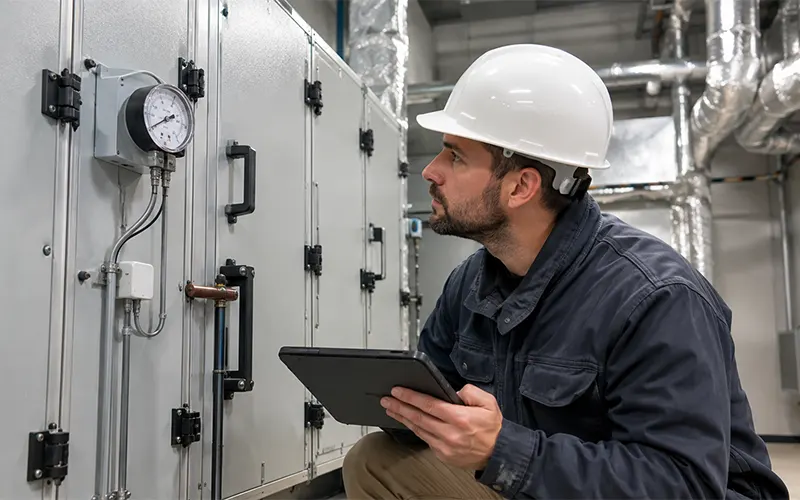 Tecnico durante l’ispezione di un sistema HVAC industriale
