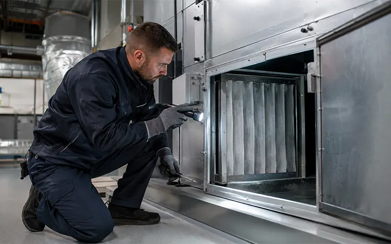 Tecnico di manutenzione che ispeziona un condotto HVAC a valle per verificare una possibile perdita per bypass del filtro dell’aria.