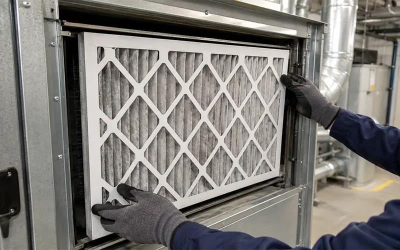 Tecnico che verifica il corretto adattamento di un filtro HVAC rettangolare per ridurre il rischio di perdita per bypass.