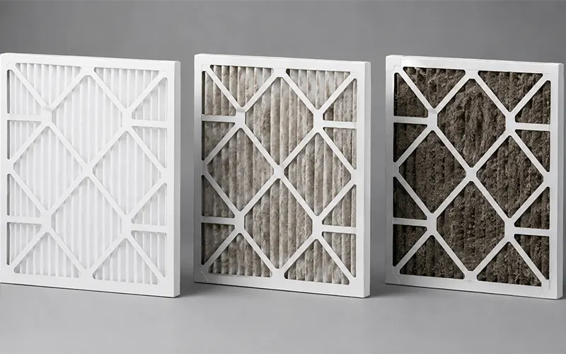 Tre filtri HVAC con livelli crescenti di accumulo della polvere, da pulito a moderatamente e fortemente carico.